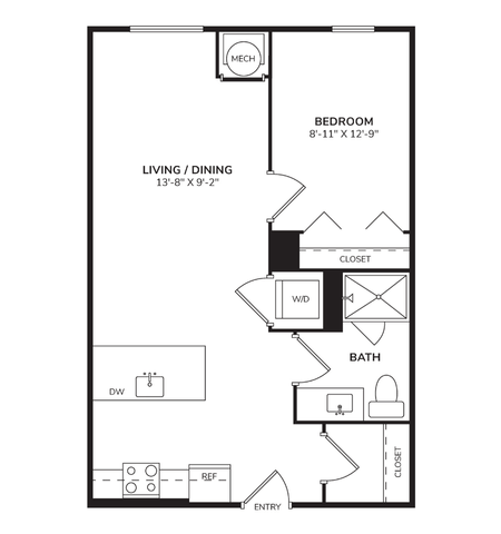 Floor plan for 1 bed, 1 bath, 682 sqft